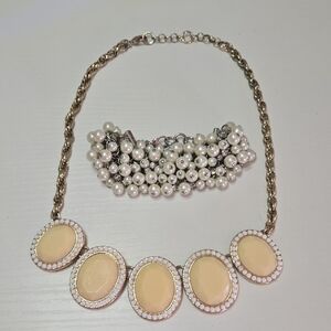 Banana Republic Yellow and Gold Necklace With Pearl And Silver Bracelet